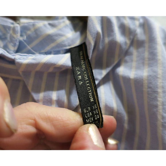 Zara Pinstripe Button Down Backwards Collared Patches Blouse - Picture 4 of 6